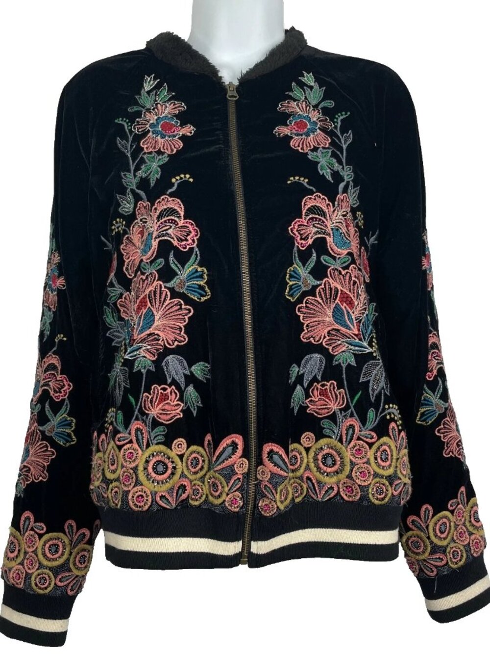 Elevenses Hallie Velvet Bomber Jacket Size S Black Floral Embroidered Beaded
